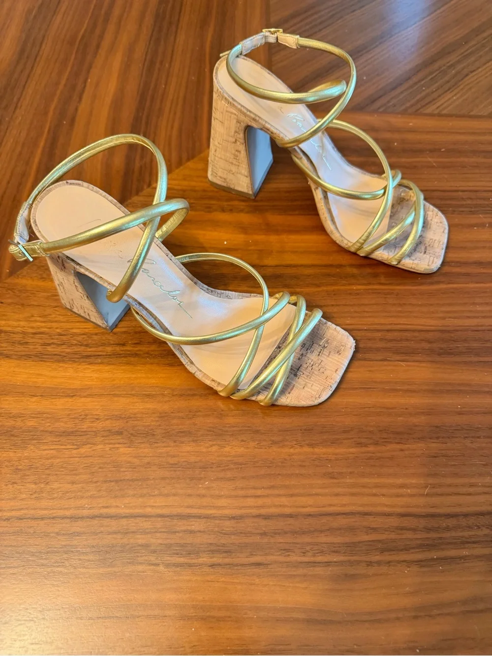 Luiza Barcelos Gold Metallic Strappy Cork Block Heel Sandals US 9